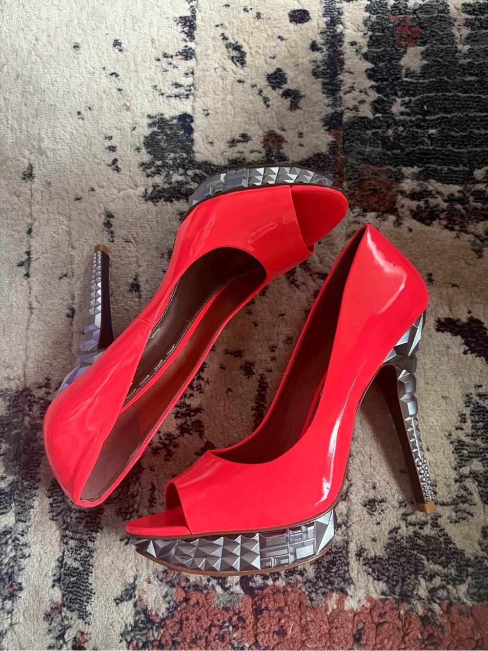 Patent Peep-Toe Studded Platform Heels